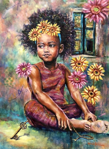 painting of a small black girl with flowers