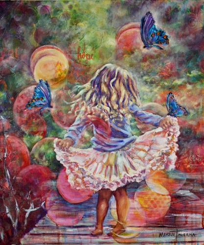 painting of a little girl skipping