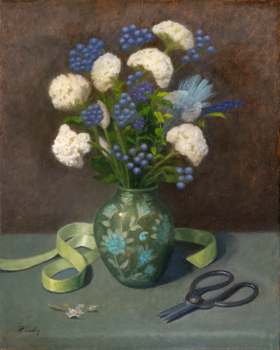 oil painting of a vase with flowers, scissors and ribbon