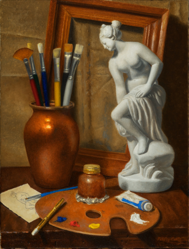 still life painting of sculpture and artist tools