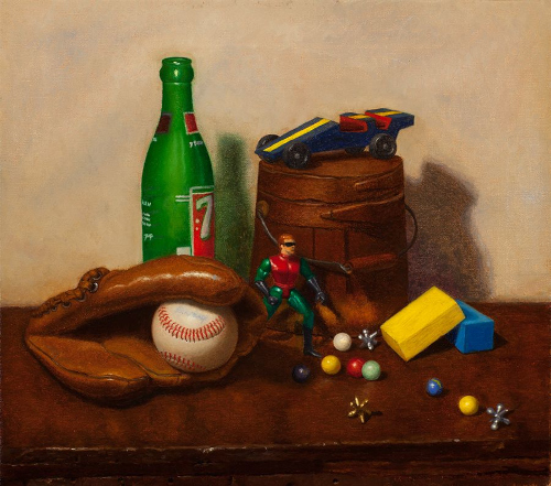 still life painting of nostalgic vintage children's toys