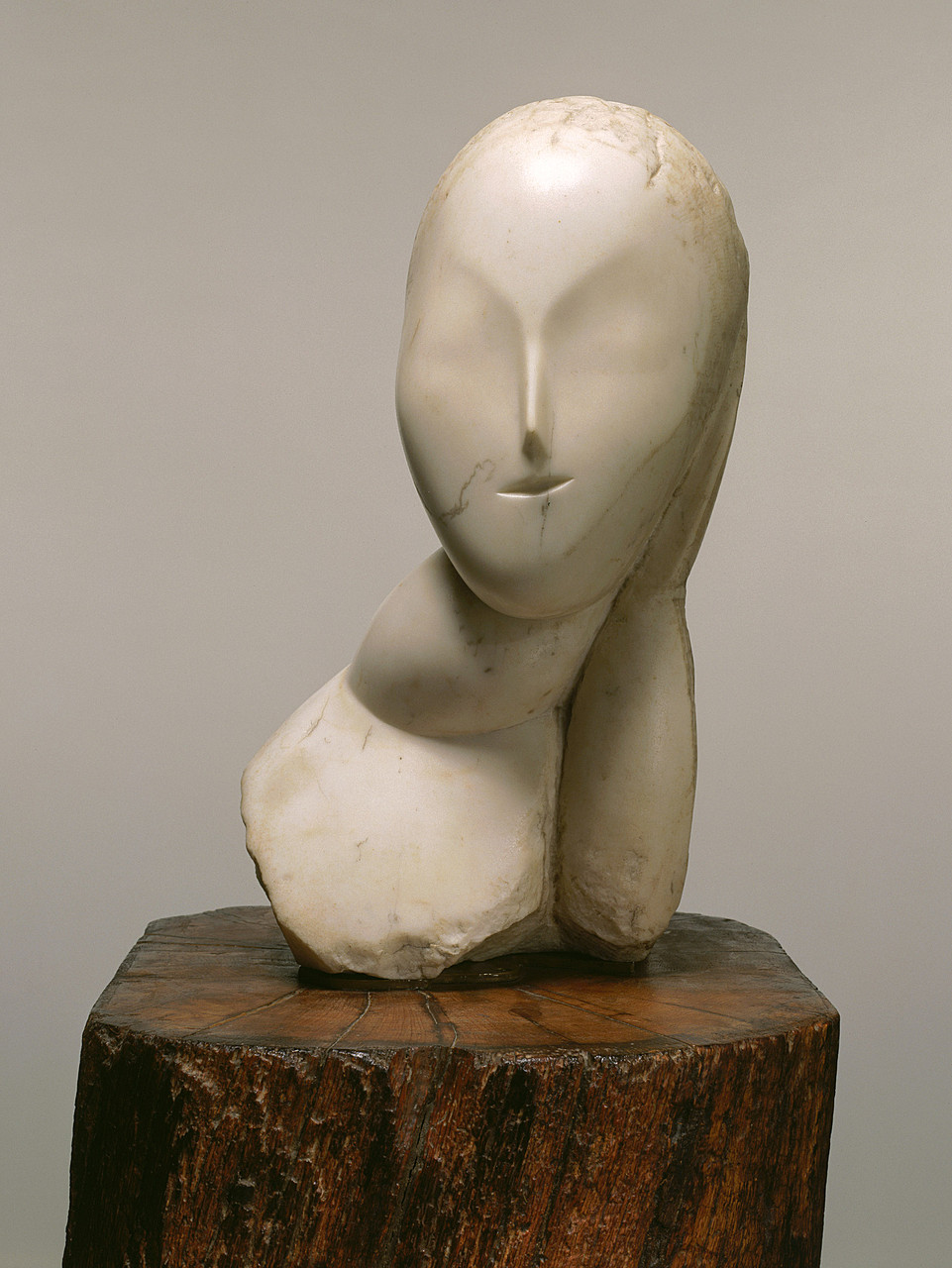 Constantin Brancusi, Muse, 1912. Marble, 18 1/4 x 9 x 8 3/4 inches (46.4 x 22.9 x 22.2 cm); cycladic figurines