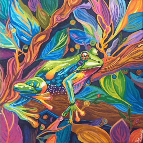 bright colorful frog in a jewel-toned rainforest