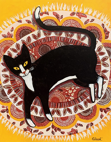 whimsical painting of a cat on a rug