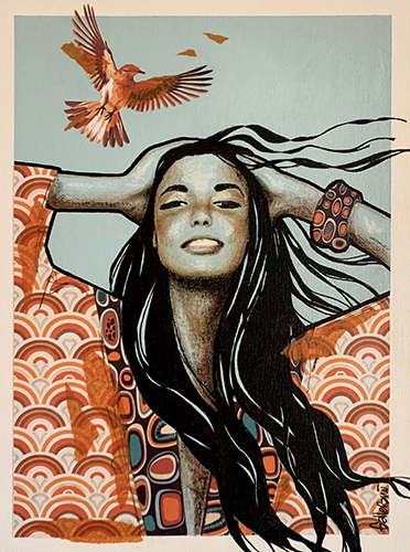 painting of a young girl and a mockingbird