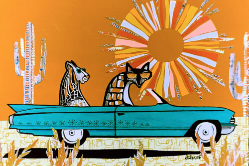 whimsical painting of animals driving a convertible in the sunshine