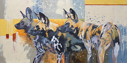 acrylic painting of a group of hyenas