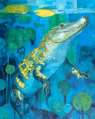 painting of a crocodile underwater