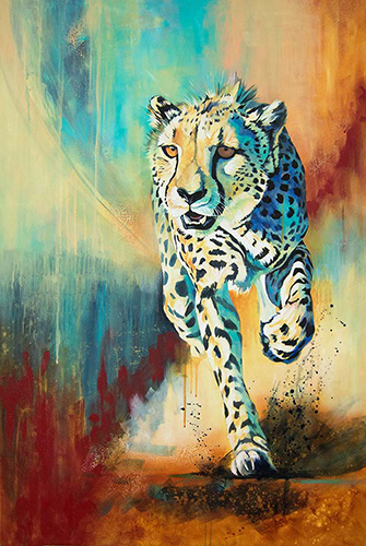 acrylic painting of a running cheetah