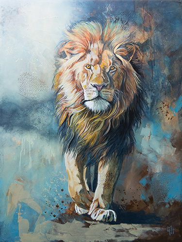 mixed media painting of a lion