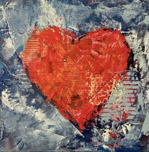 mixed media art with a heart theme