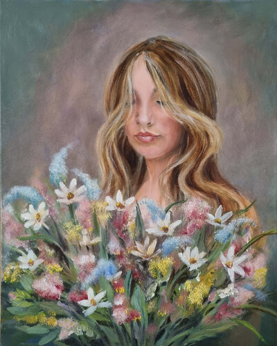 painting of a young woman holding a bouquet of flowers