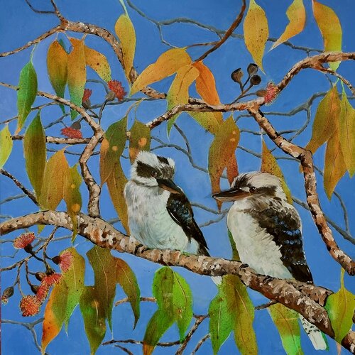 painting of kookaburra birds in a tree