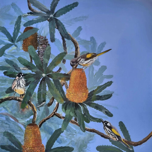 painting of birds gathering in a tree