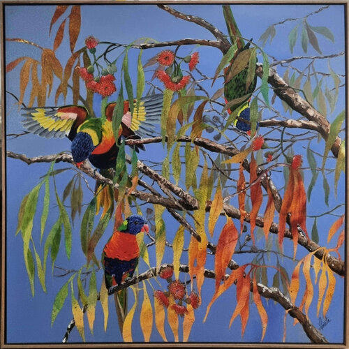 large painting of Australian birds in a tree