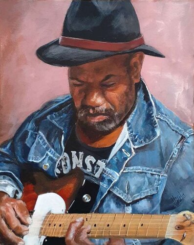 painting of a man playing a guitar