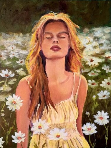 painting of a young woman in a field of daisies