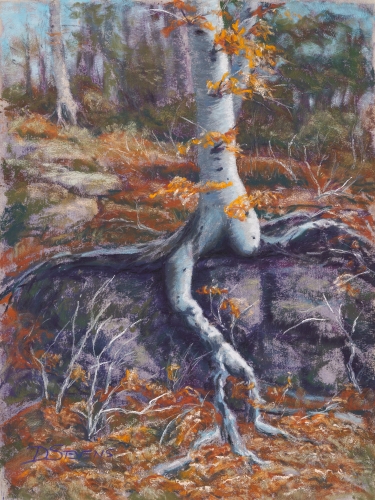pastel painting of a tree with large roots