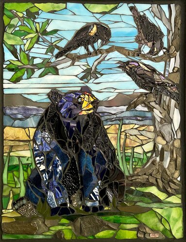 mixed media mosaic art of a bear in a landscape