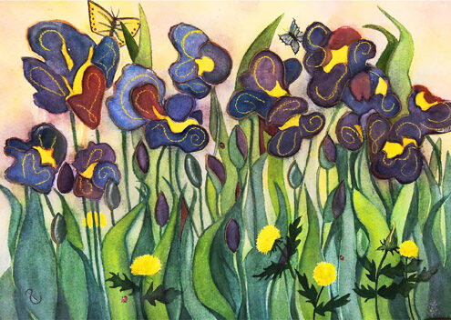 whimsical mixed media painting of irises