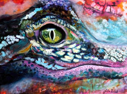 closeup painting of an alligator's eye