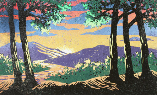 colorful block print scene of a mountain vista
