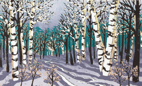 linocut of a winter scene with birches