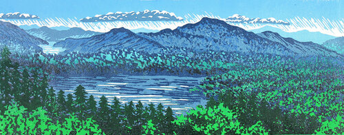 linocut colorful woodland vista