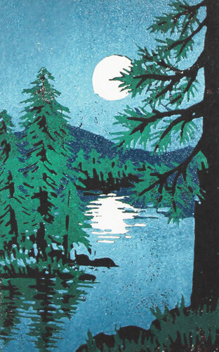 linocut night scene of pine woodlands