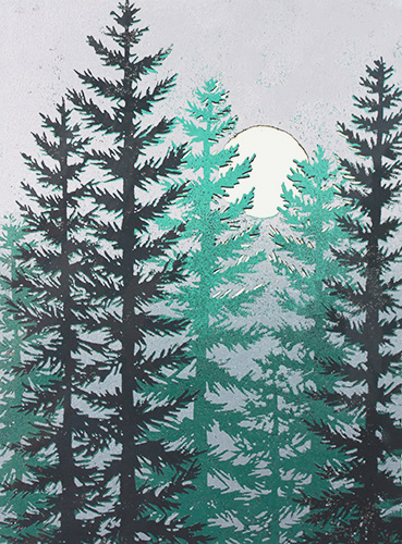 linocut of pine trees in the moonlight