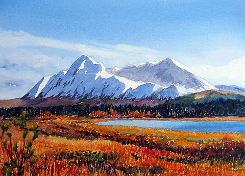 Landscape watercolor painting of mountains in the Canadian Yukon