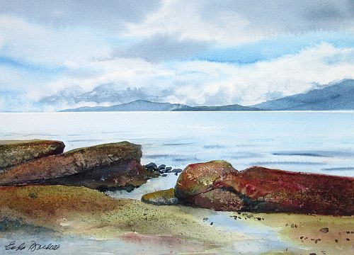 watercolor landscape painting of the ocean in Vancouver, BC