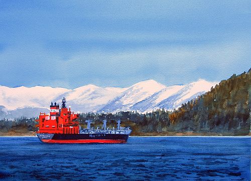 watercolor painting of a large boat in English Bay, British Columbia