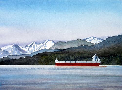 watercolor painting of a boat floating in English Bay, Vancouver, Canada