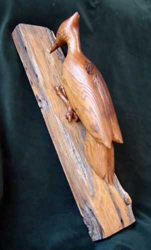 carving of a woodpecker on a tree