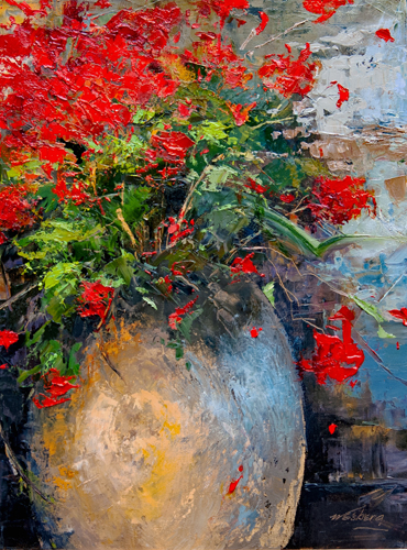 oil painting of a large pot of red flowers