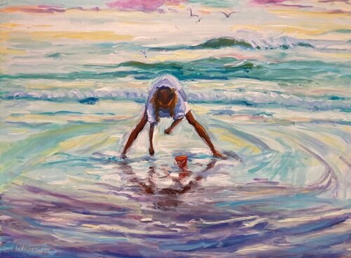 painting of a young woman digging clams