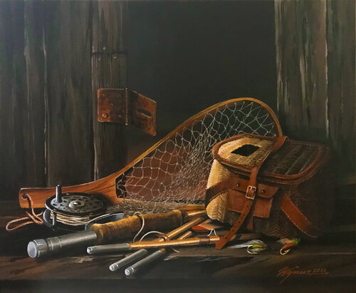 still life painting of fishing tackle