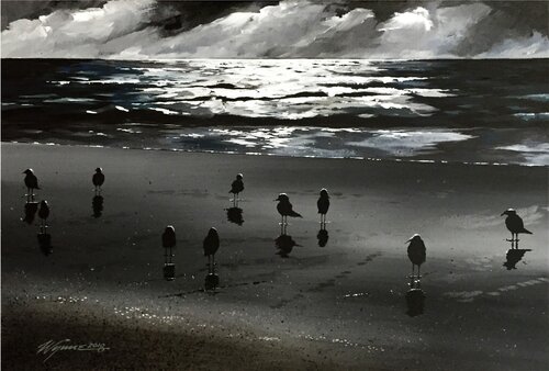 oil painting of birds on a lonely beach