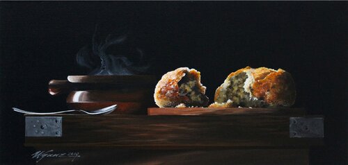 still life painting of bread and soup