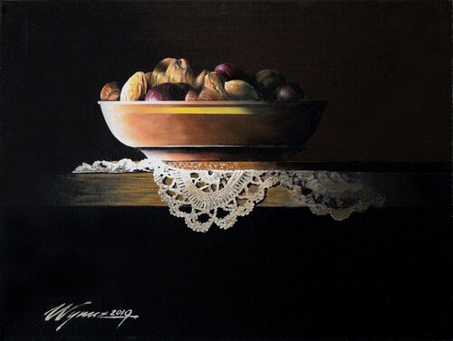 still life painting of a bowl of nuts