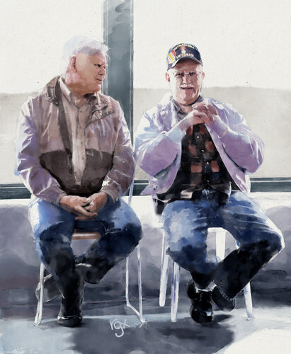 watercolor portrait of two men sitting together