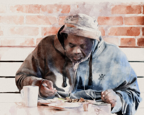 watercolor portrait of a man eating in a soup kitchen