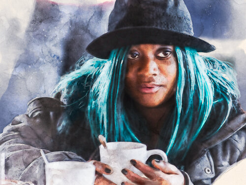 portrait of a young woman eating at a soup kitchen