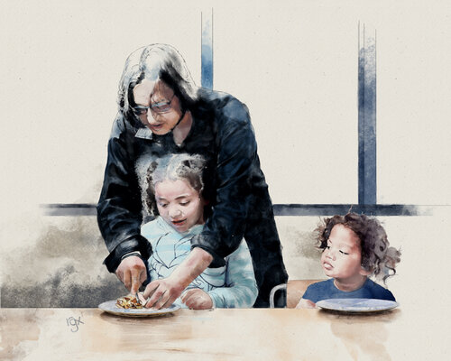watercolor painting of a man and his children at dinner