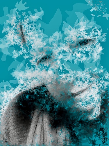 layered digital artwork with self-portrait and sky scene