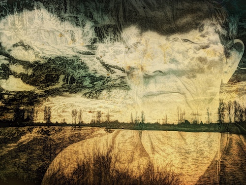 landscape photo layered with a self-portrait