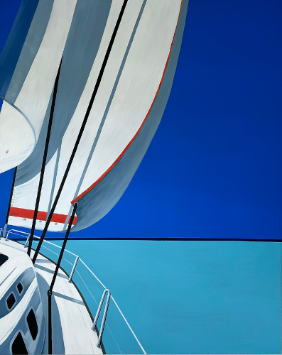 serene painting of a sailboat on the water