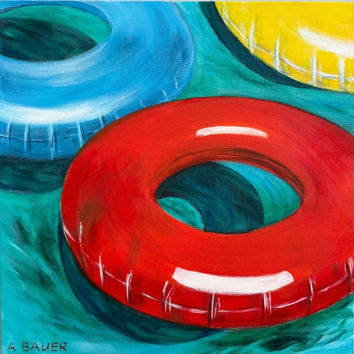 painting of colorful inner tubes in a pool