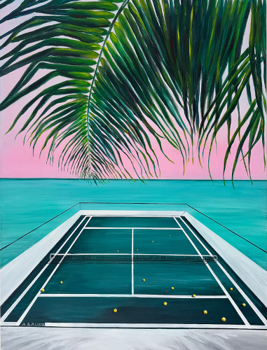 contemporary painting of a tennis court in a tropical setting